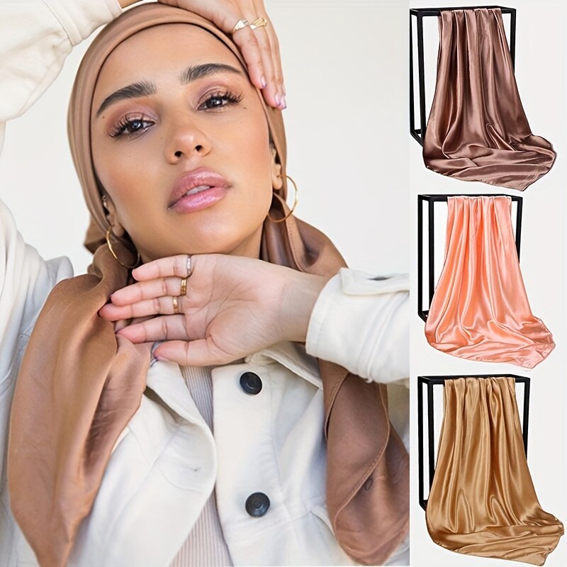 단색 새틴 히잡 스퀘어 스카프, 모조 실크 스카프, 여성 머리 스카프 랩, 라마단 무슬림 방풍 반다나, 90cm